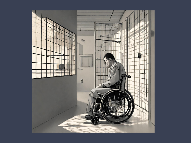 Man in a wheelchair portrays a sad face while incarcertaed in a cell