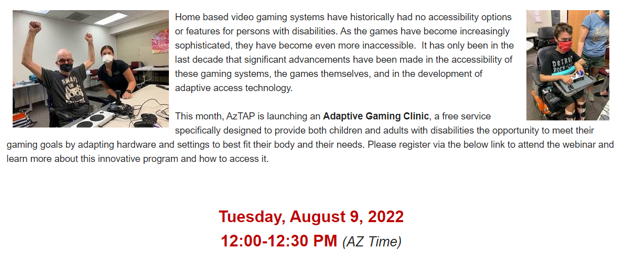 Arizona Technology Access Programs (AzTAP) New Adaptive Video Gaming Clinic ADDPC pic