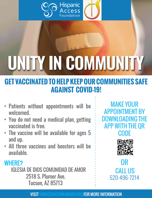Unity in community flyer with  band-aid on a arm after a shot and details in text