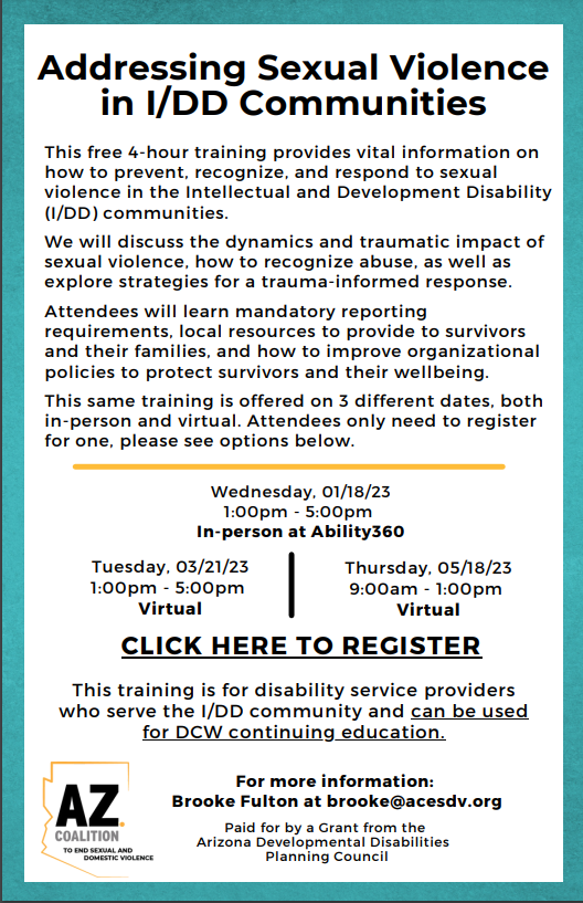 Addressing Sexual Violence in I/DD Communities flyer