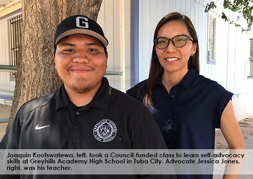 Joaquin Kootswatewa, left, took a Council-funded class to learn self-advocacy skills at Greyhills Academy High School in Tuba City. Advocate Jessica Jones, right, was his teacher.