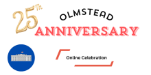 Text: Olmstead 25th Anniversary Online Celebration with a cartoon graphic of The White House against a blue circle