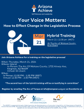 At the top, there's the Arizona Achieve Logo with a person standing on a podium and the words "Self-Advocacy and Leadership" underneath. The flyer title reads "Your Voice Matters: How to Effect Change in the Legislative Process". Below that is the event d