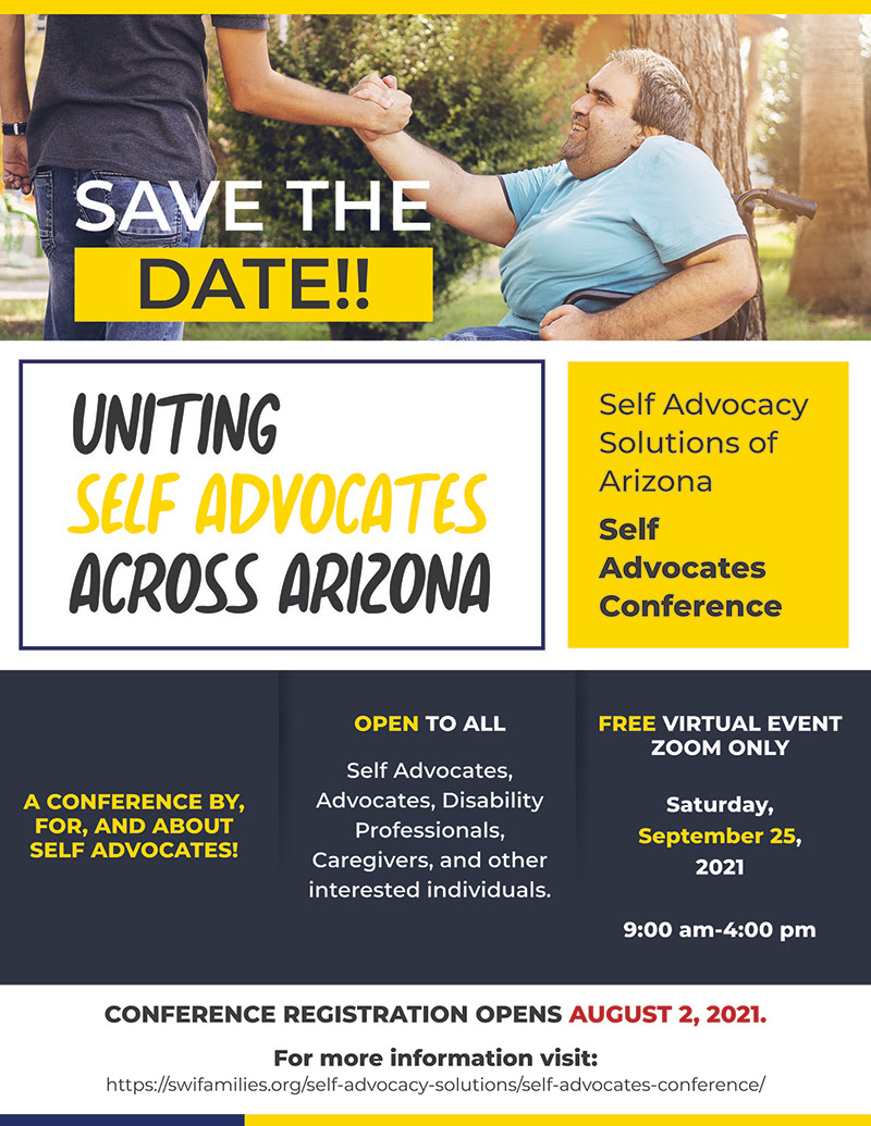 White and yellow banner with black lettering stating uniting self advocates.